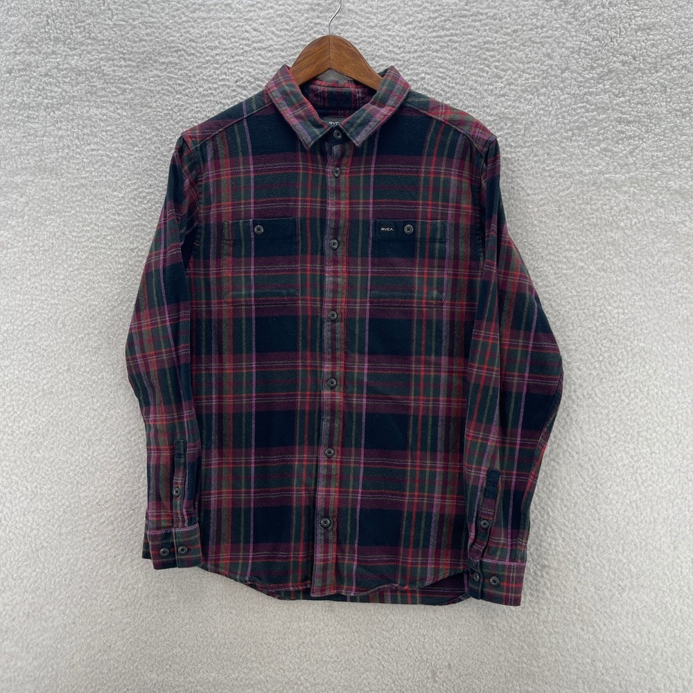 RVCA Shirt Mens Large Purple Red Flannel Regular Fit Plaid Surf Skate Cali Beach
